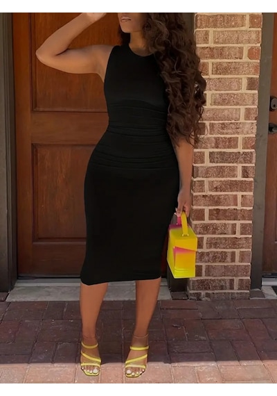 Sinemonline Kadın Bodycon Midi Boy Dalgıç Elbise Siyah