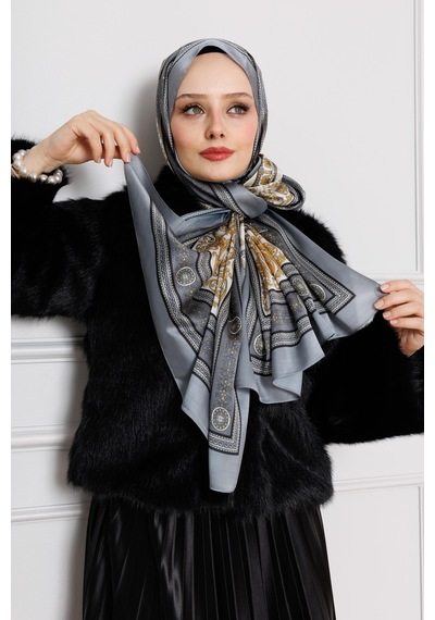 Sevitli Versace Desenli Hint İpeği Şal-antrasit-4538