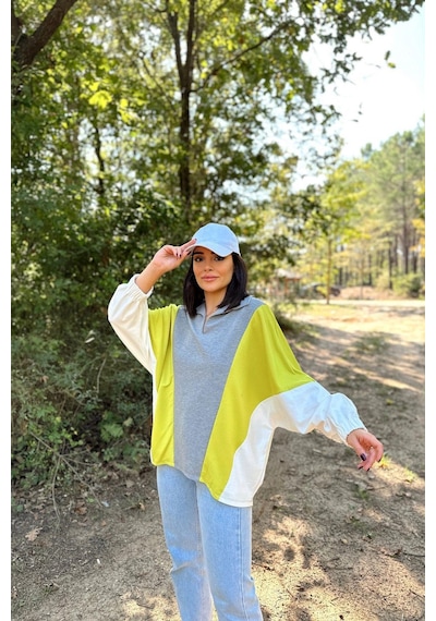 WeShaya Kadın Gri Polo Yaka, Uzun Yarasa Kol, Lastikli Manşet, Asimetrik Color Block, Salaş Sweatshirt Bluz Gri