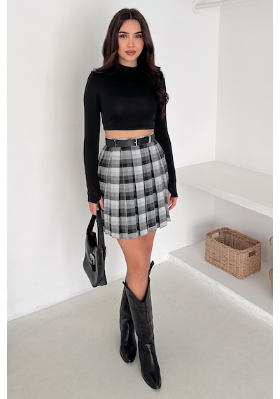 Kadın Pileli Ekose Mini Short Etek Grunge Charm Siyah