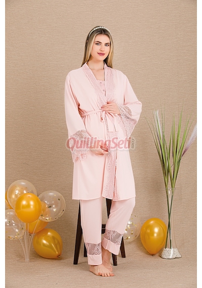 Lady Pembe Renkli, Derin Patlı, Dantel Detaylı 33002 Sabahlıklı 3lü Lohusa Hamile Pijama Takımı Açık Pembe