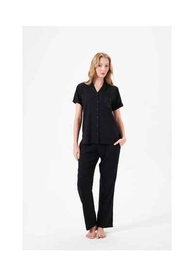 Moda Dua Pjs 29006 Kadın Kısa Kol Önden Düğmeli Pijama Takımı siyah