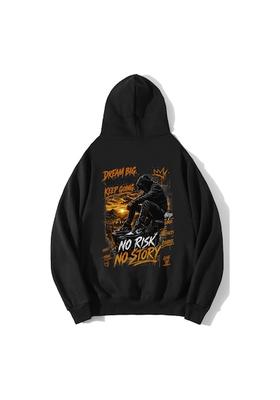 Brz Collection Unisex Oversize No Risk No Story Hoodie Siyah