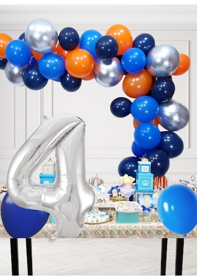 4 Yaş Kozmik Temalı Doğum Günü Seti Kozmik Mavi Turuncu Gümüş Mavi Balonlar Gümüş Folyo Rakam Çok Renkli