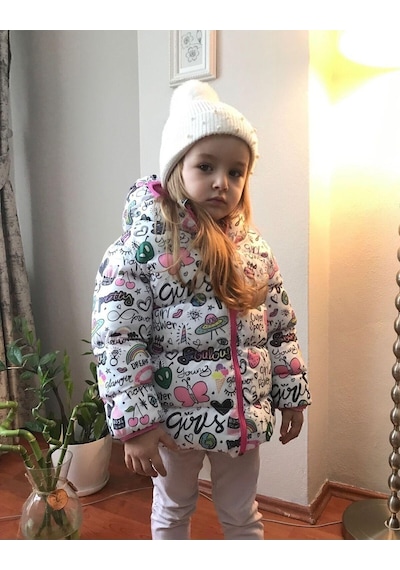 Freemen Kız Çocuk Polarlı Kürklü Kapüşonlu Girls Yazılı Kelebek Desenli Kışlık Şişme Mont Kaban Parka Çok Renkli