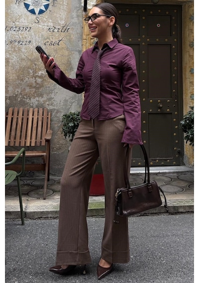 Madmext Vizon Çizgili Geniş Paça Normal Bel Kemerli Pantolon Mg2735 Vizon