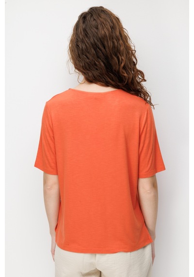 Kadın V Yaka Yakası İki Renkli İşlemeli Taşlı Penye T-shirt Oranj Turuncu