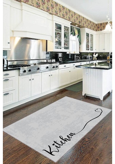 Gri Kaymaz Tabanlı Kitchen Yazılı Mutfak Halısı Yolluk Vh086n11