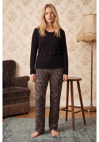 Siyah İnci Siyah Desenli Düğmeli Viskon Örme Pijama Takım 26224676
