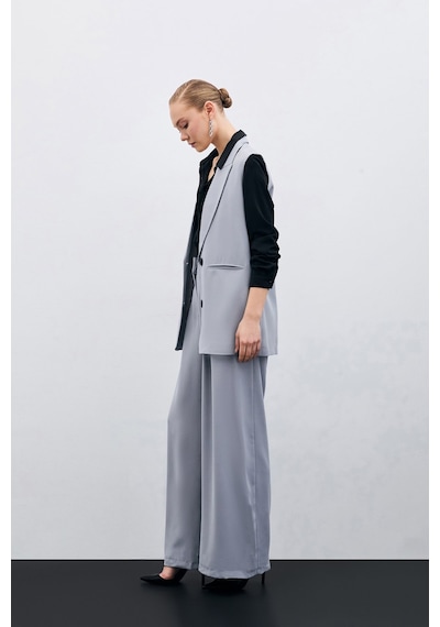 Sateen Yüksek Bel Bol Paça Pantolon - Gri-135632 Gri