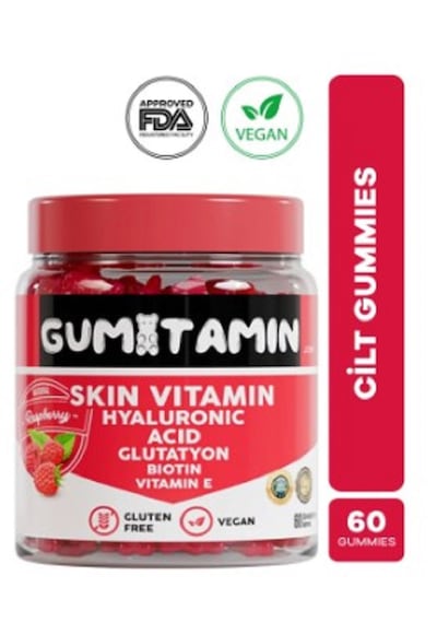 Gumitamin Cilt Vitamini Vegan Gummy, Hyaluronik Asit, Glutatyon, Biotin, Vitamin E, Dogal Ahududu Aromalı