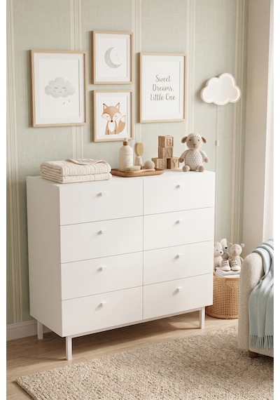 Robinhome Bebek Odası Çocuk Odası Geniş Şifonyer 8 Çekmeceli Ahşap Ayaklı Beyaz