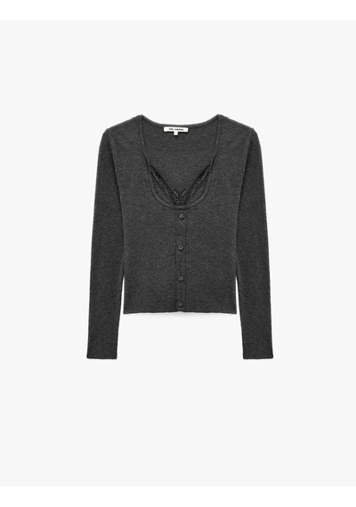 Koton İkili Katmanlı Dantel Detaylı Slim Fit U Yaka Uzun Kollu Düğmeli Triko Hırka Antrasit 7wal90146ıt