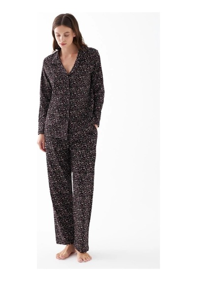 İkikareshop Kadın Siyah Düğmeli Kalp Desenli Pamuklu Pijama Takımı Çok Renkli