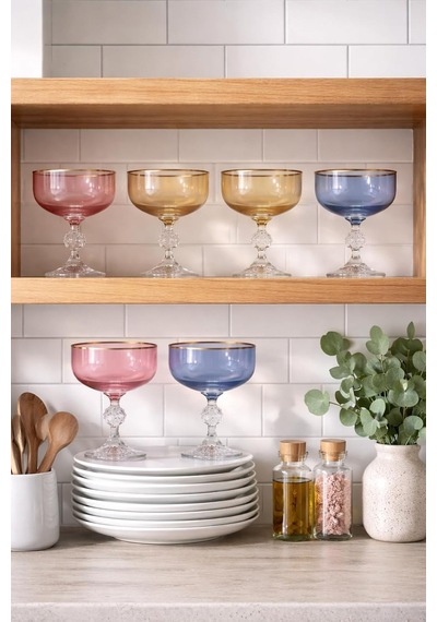 Crystal Claudia Şampanya Kadehi Seti, Kristal, Altın Kenarlı, 3 Renk, 200cc, 6 Parça