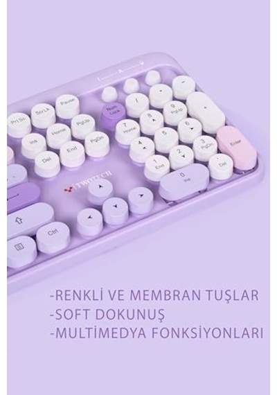 Renkli Tuşlu Kablosuz Türkçe Klavye+mouse Seti Uyumlu - Mor Diğer
