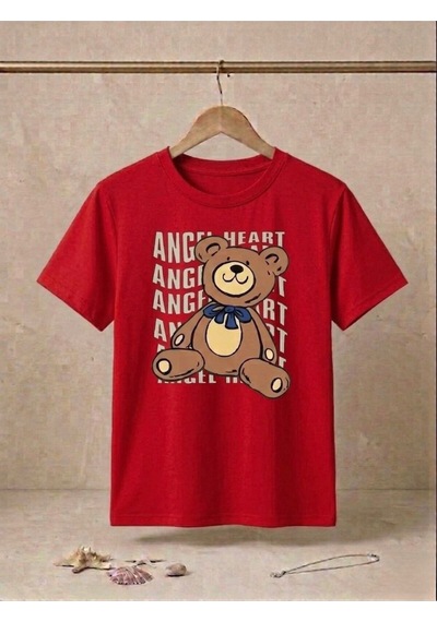 Unisex Ayıcık Baskılı Kompakt T-shirt Kırmızı