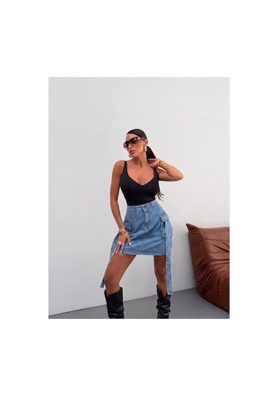 Kene Jeans Mavi Kapak Kuşaklı Körük Kargo Cepli Kısa Kot Etek Mavi