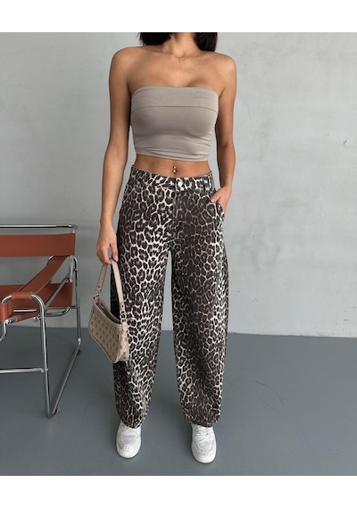 Zeo Basic Skater Pantolon Leopar Desenli Bej Bej