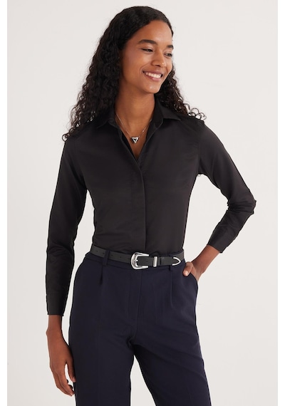 Tudors Kadın Slim Fit Dar Kesim Vucüda Oturan Uzun Kollu Gizli Düğme Detaylı Siyah Basic Gömlek-35321 Siyah