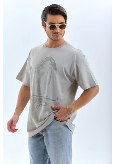 Erkek Tişört Taş Detaylı Bisiklet Yaka Kısa Kol T-shirt - Gri