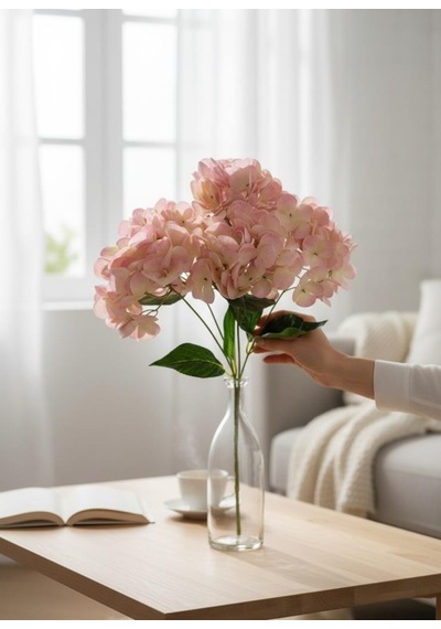 Yapay Çiçek Islak Ortanca Çiçeği Pembe Açık 45cm 5dal Islak Gerçeksi Dokulu Pembe