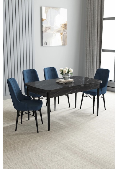 Zümra Serisi, Siyah Mermer Desen 80x132 Açılabilir Mdf Mutfak Masası Takımı 4 Adet Sandalye, Lacivert Zümra Serisi, Siyah Mermer Desen 80x132 Açılabilir Mdf Mutfak Masası Takımı 4 Adet Sandalye, Lacivert