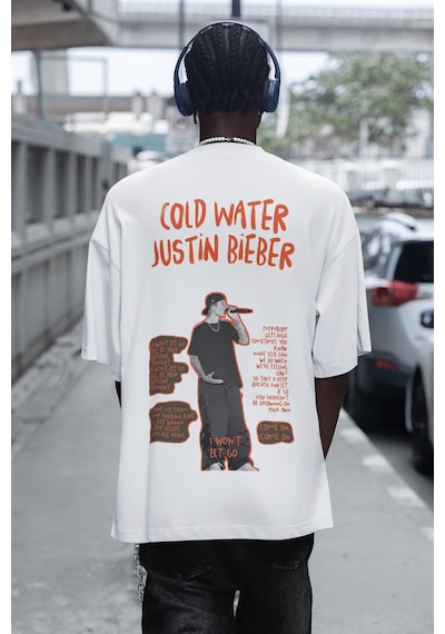 Sevbano Cold Water Justin Bieber Sırt Baskılı Unisex Oversize Şarkıcı Tiş Beyaz