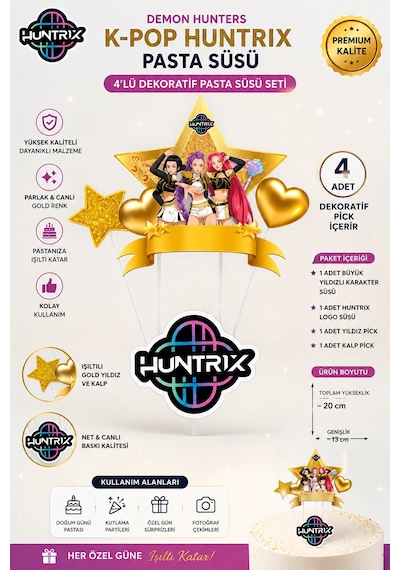 K Pop Huntrix Demon Hunters Gold Pasta Süsü 4'lü Çubuklu Doğum Günü Pasta Dekoru +3