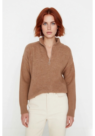 Ersefa Kadın Oversize Basic Dokulu Uzun Kollu Fermuarlı Dik Yaka Selanik Camel