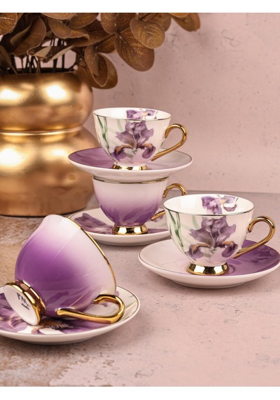 Paçi Orchid Çiçekli Yaldızlı 6 Kişilik Kahve Takımı Mor