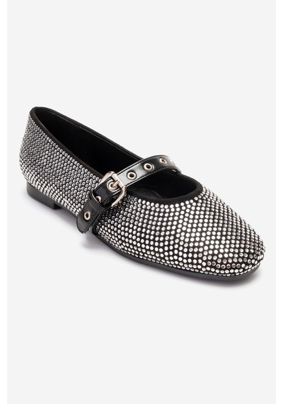 Luvishoes Clıve Siyah Parlak Taş Detaylı Kadın Babet Ayakkabı Siyah