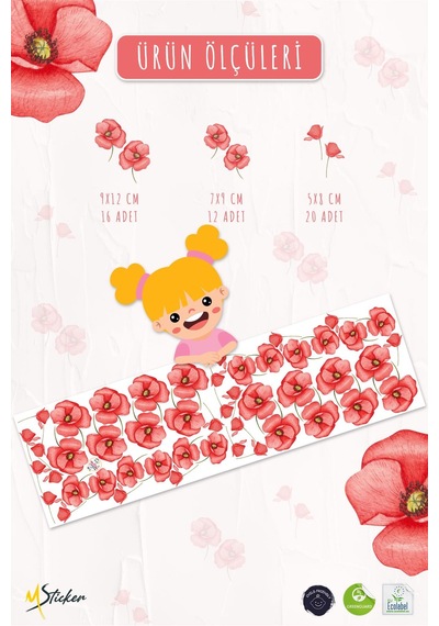 Soft Fuşya Renkli Çiçeklerden Oluşan Sticker Seti 48 Parça Özel Kesimli Mat Yüzeyli Sticker Dijital Baskı