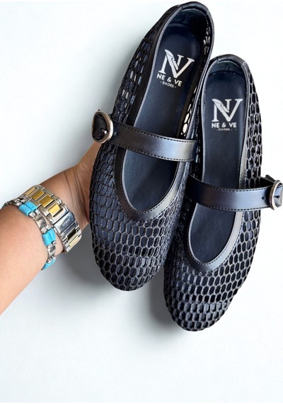 Ne&ve Shoes Siyah File Simli Tokalı Yuvarlak Burunlu Kadın Günlük Rahat Ve Şık Babet