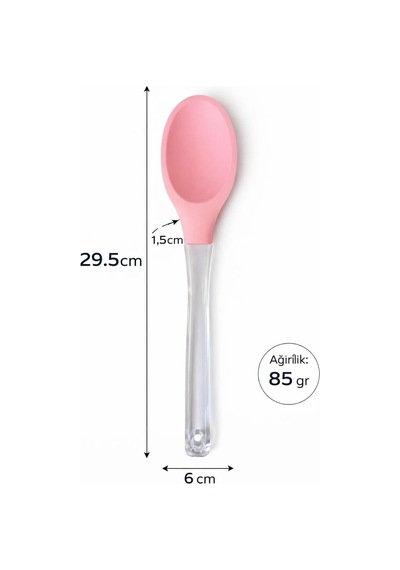 Silikon Kaşık, Mutfak Kullanımı İçin Şeffaf Saplı, Isıya Dayanıklı, Askılı Tasarım 2, Pembe