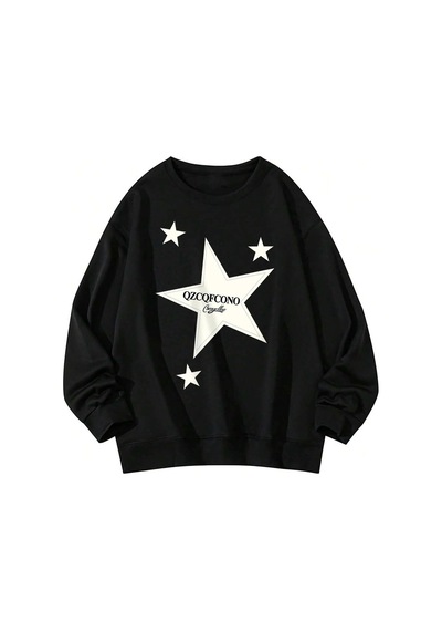 Tarzsokak Letter & Star Pattern Drop Shoulder Pullover Siyah