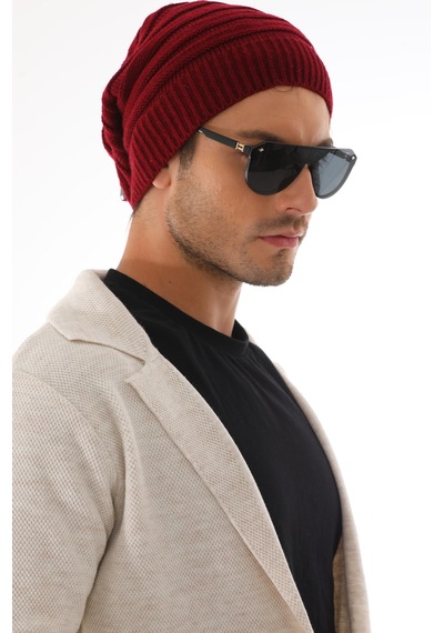 Ritagarcia Unisex Arkası İpli Büzgülü Triko Bere Kışlık Dökümlü Slouchy Beanie Bere Bordo