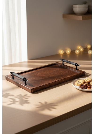 Tray - Metal Kulplu Ahşap Tepsi Sunum Tepsisi Kahve Servis Tepsisi SNPTRAY