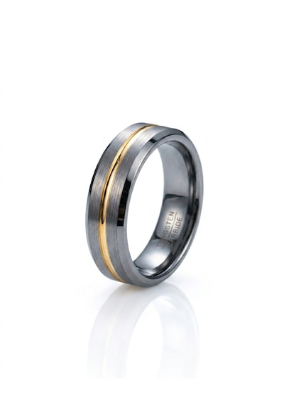Erkek Gümüş Renk Gold Çizgi Detay 6 Mm Tungsten Yüzük
