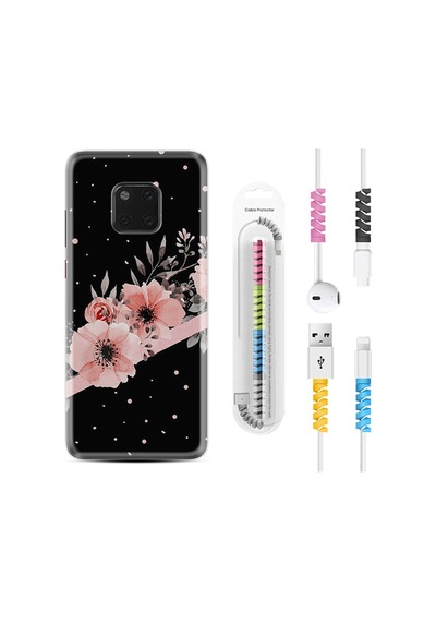 Huawei Mate 20 Pro Kılıf Kablo Koruyuculu Flowers Dots 1423