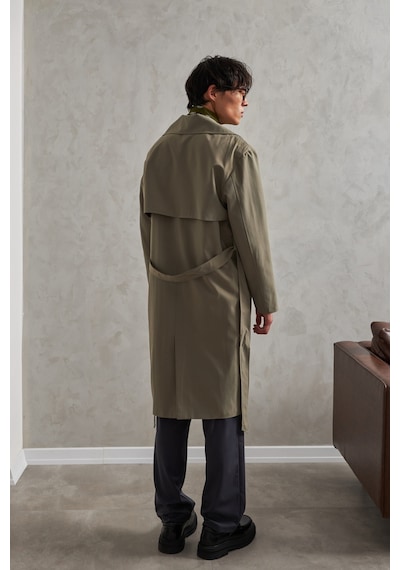 Erkek Kruvaze Yaka Oversize Trençkot Haki