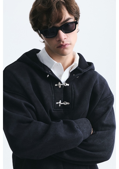 Vamos Boxy Fit Metal Klips Kapama Sweatshirt Siyah