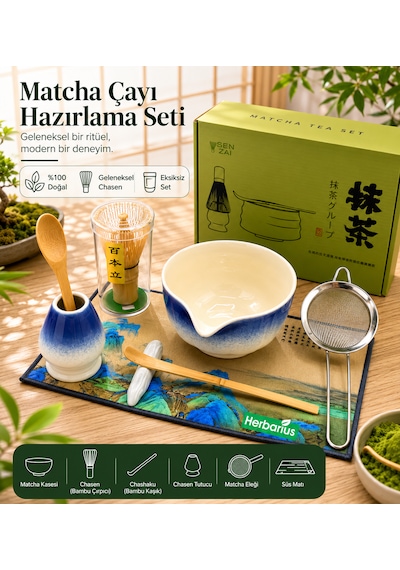 6 Parça Mavi Beyaz Renk Matcha Çayı Hazırlama Seti - Geleneksel Japon Matcha Seti Mavi - Beyaz