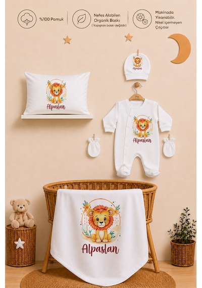 Pia Baby İsme Özel Erkek Bebek Hastane Çıkışı 5 Parça Tulum Seti %100 Pamuk Organik Baskılı 1011tyb3x Ekru