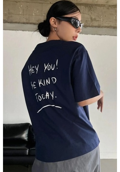 Uyguntarz Unisex Hey You Baskılı T-shirt Lacivert-278791