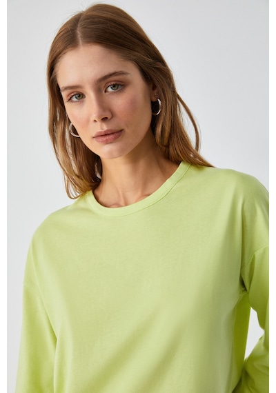 Grımelange BASIL Kadını Oversize %100 Organik Pamuk Örme Uzun Kol Yeşil T-Shirt