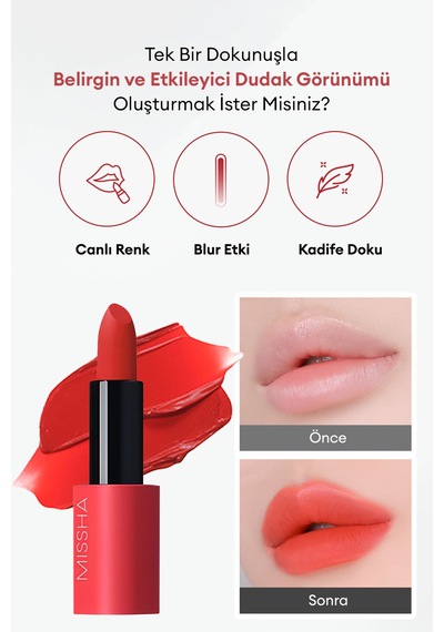 Missha Dare Rouge Velvet Yoğun Pigmentli Blur Etkili Nemli Kadife Bitişli Ruj 32 Scarlet Code