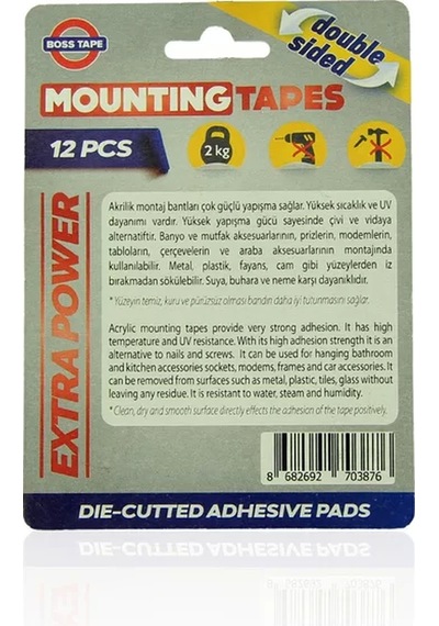 Boss Tape 3876 Çift Taraflı Ekstra Güçlü Montaj Bandı Ped 25mmx30mm 12li Blister