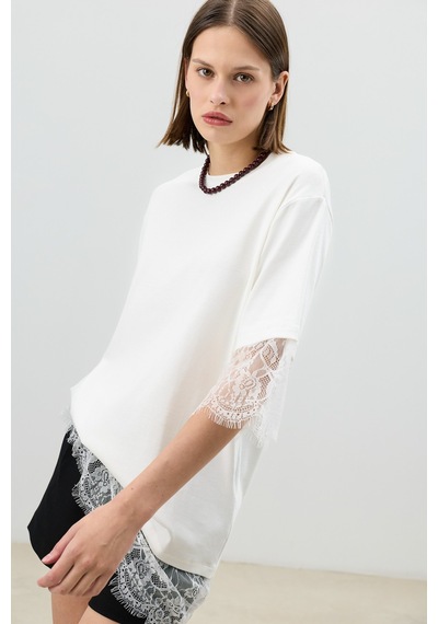 Antioch Dantel Detaylı Kadın T-shirt Beyaz