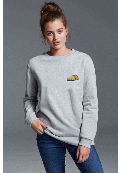 Sarı Vosvos Tosbağa Göğüs Baskılı Gri Kadın Sweatshirt